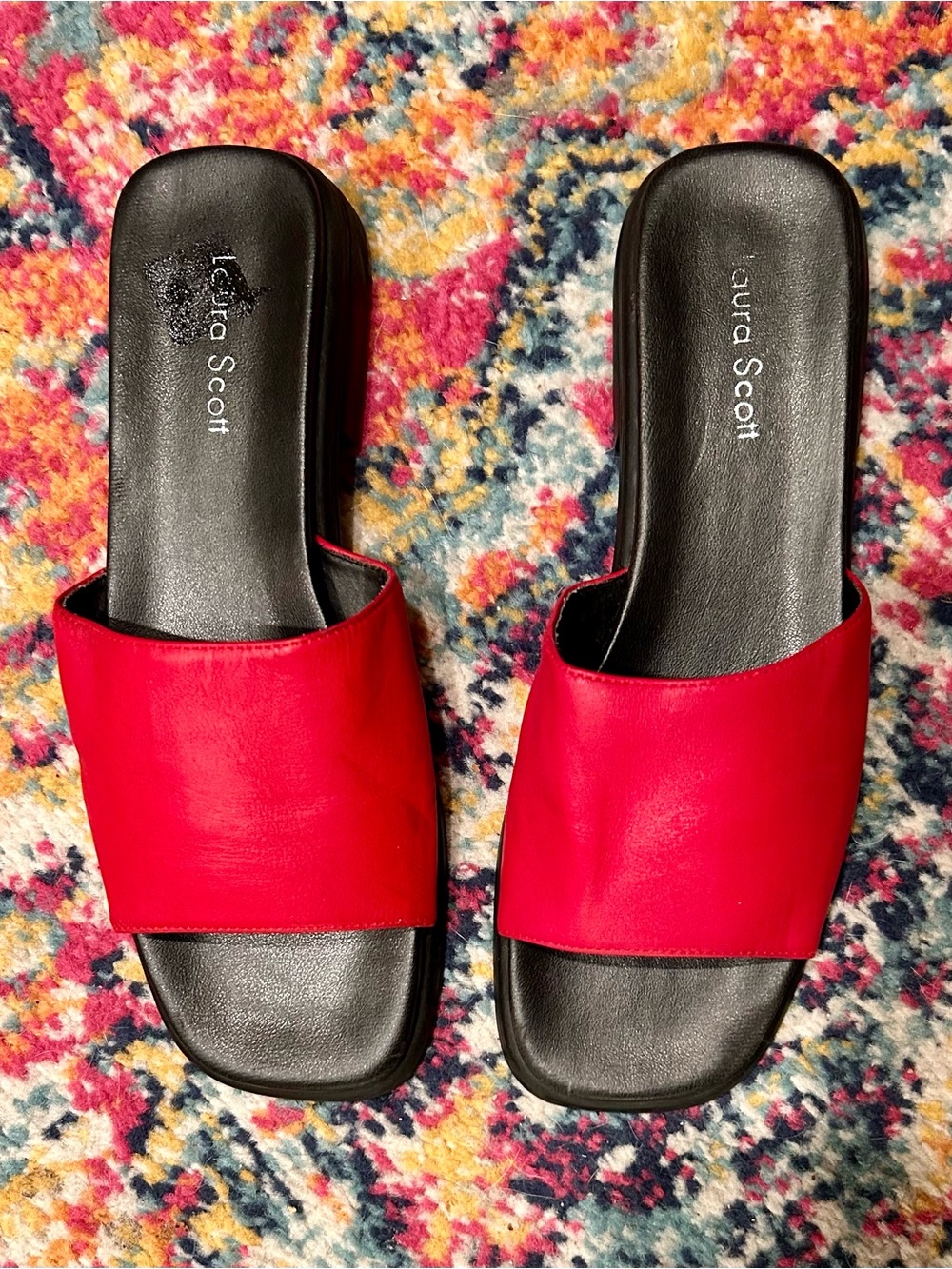 Laura Scott Red Leather Square Toe Slide Mules